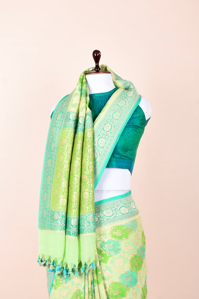 Sea Foam Green Rangkat Handwoven Georgette Khaddi Silk Saree