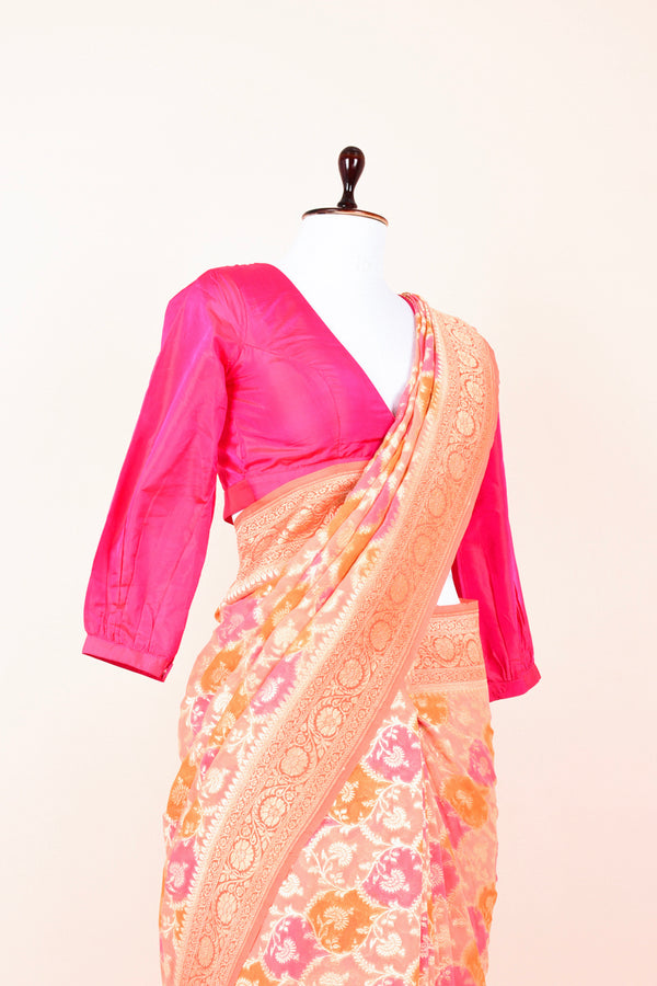 Peach Rangkat Handwoven Georgette Khaddi Silk Saree  By Chinaya Banaras 