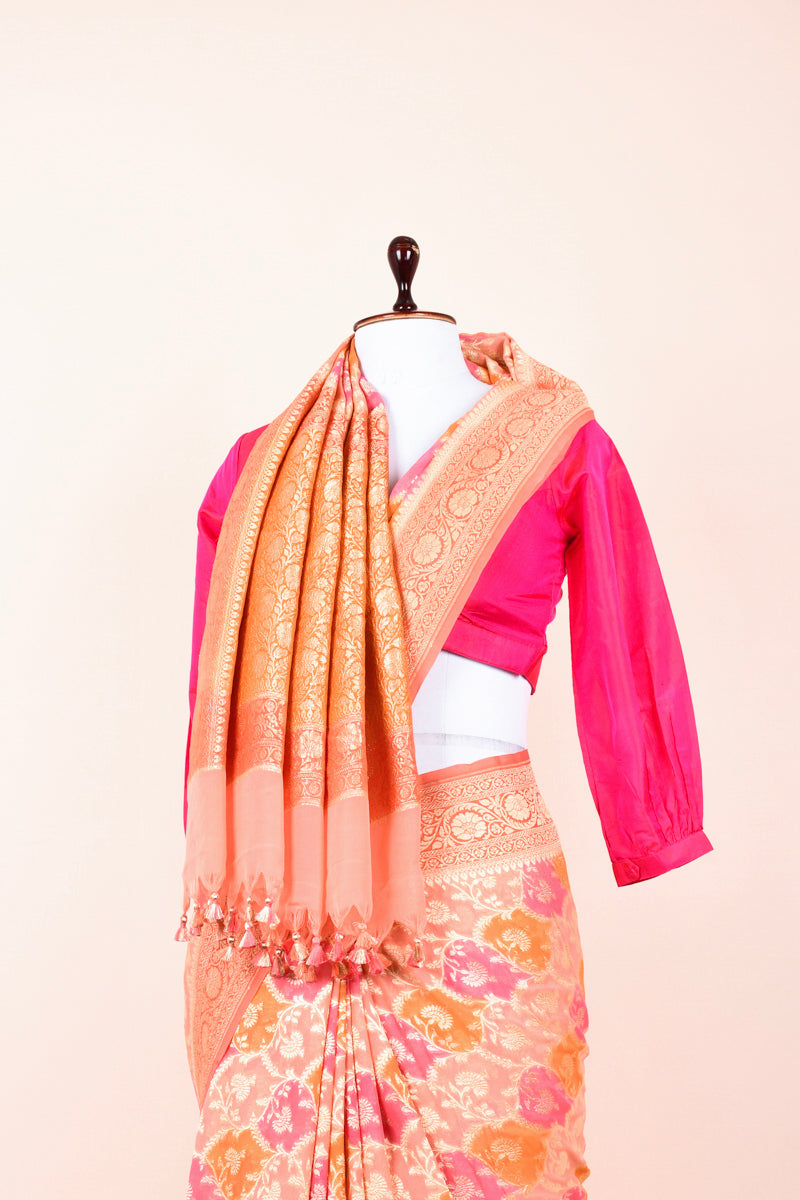 Peach Rangkat Handwoven Georgette Khaddi Silk Saree
