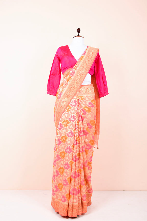 Peach Rangkat Handwoven Georgette Khaddi Silk Saree By Chinaya Banaras 