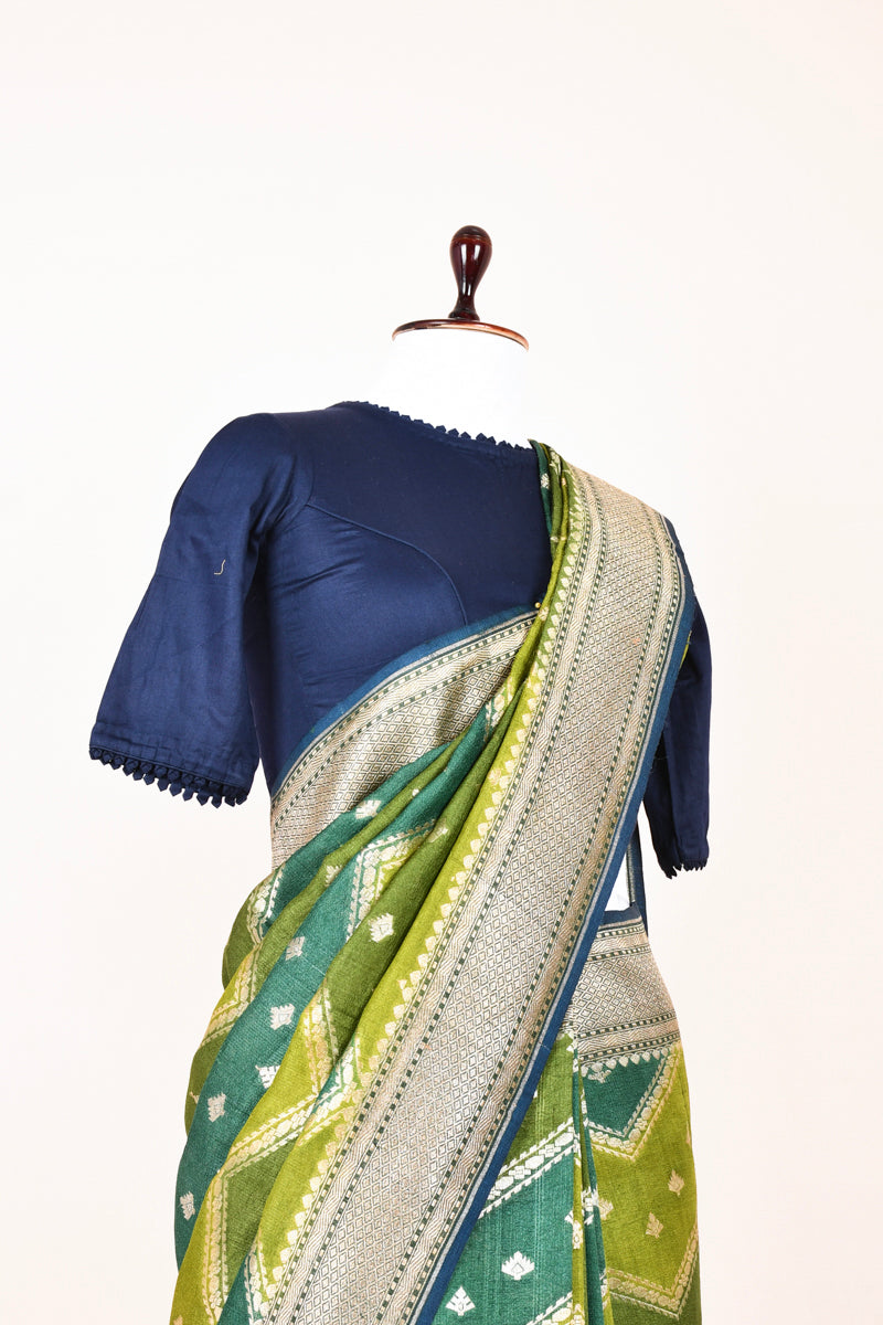 Olive Green Rangkat Handwoven Georgette Khaddi Silk Saree By Chinaya Banaras 