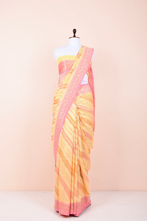 Duckling Yellow Rangkat Handwoven Georgette Khaddi Silk Saree  By Chinaya Baras 