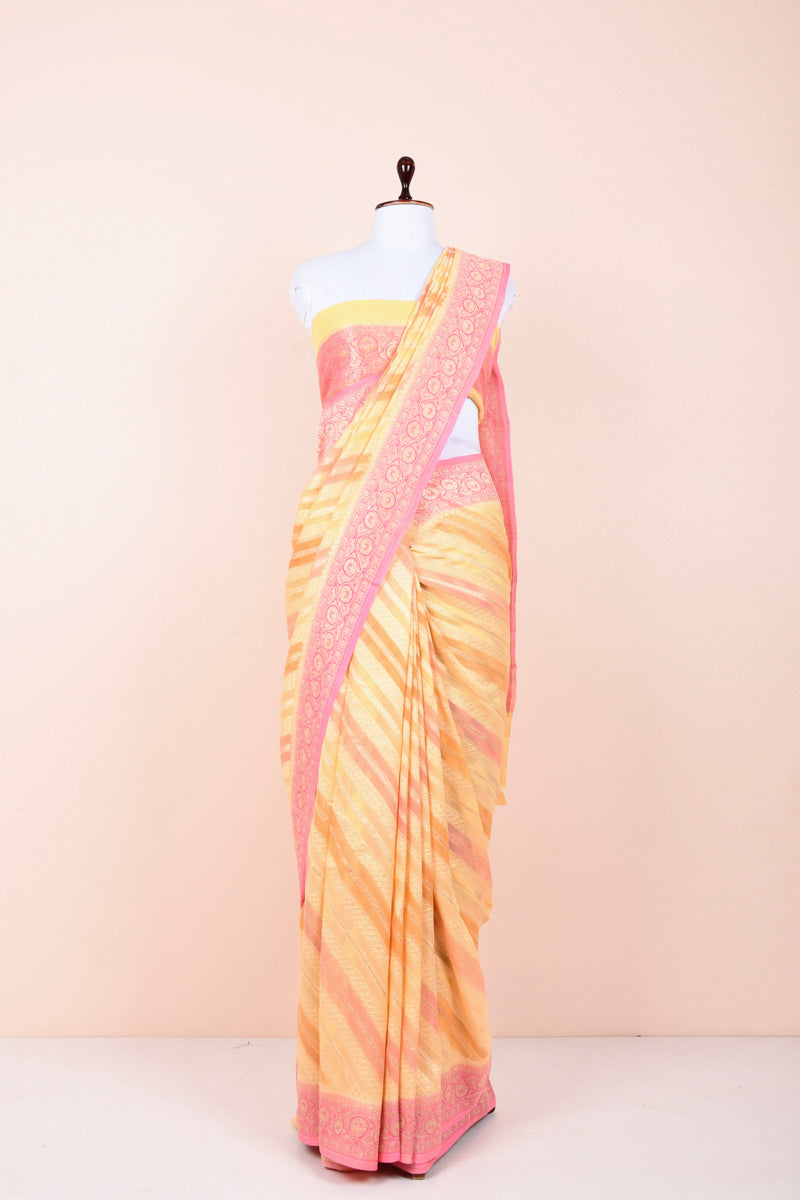 Duckling Yellow Rangkat Handwoven Georgette Khaddi Silk Saree  By Chinaya Baras 