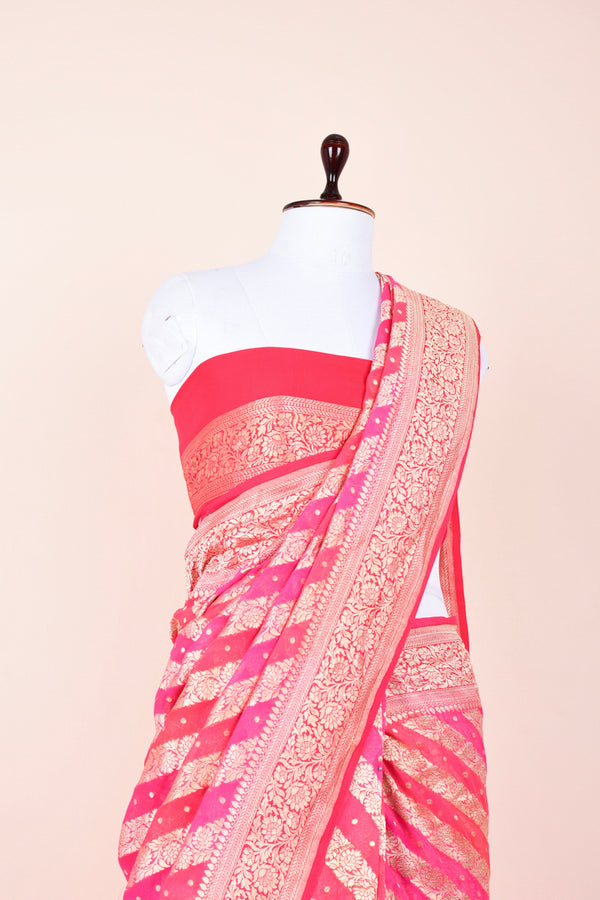 Strawberry Pink Rangkat Handwoven Georgette Khaddi Silk Saree
