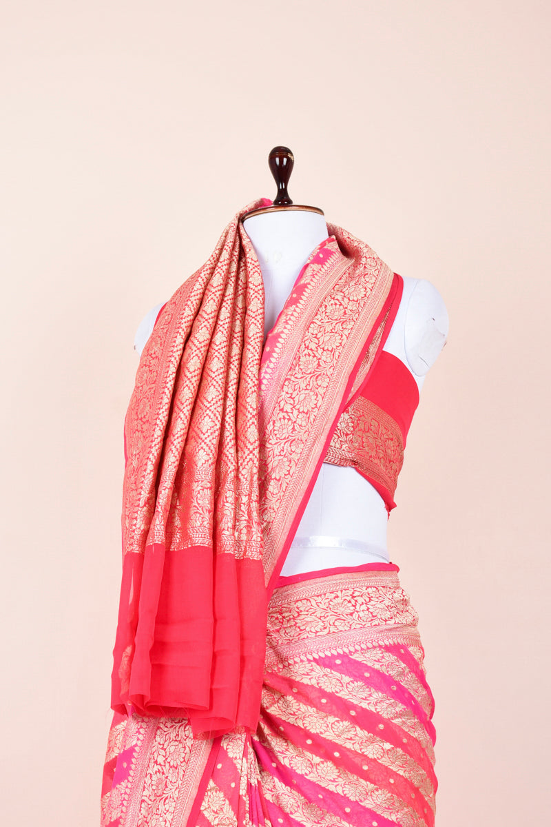 Strawberry Pink Rangkat Handwoven Georgette Khaddi Silk Saree