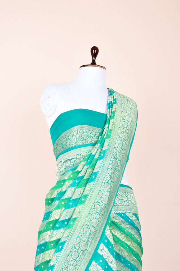 Sea Green Rangkat Handwoven Georgette Khaddi Silk Saree