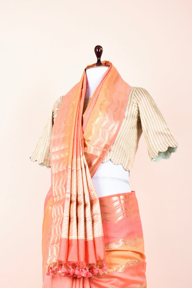 Salmon Peach Rangkat Handwoven Chiniya Silk Saree