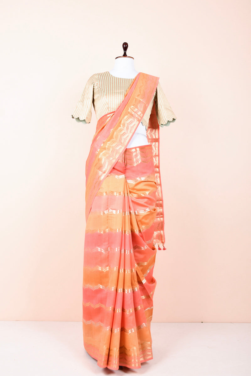 Salmon Peach Rangkat Handwoven Chiniya Silk Saree By Chinaya Banaras 