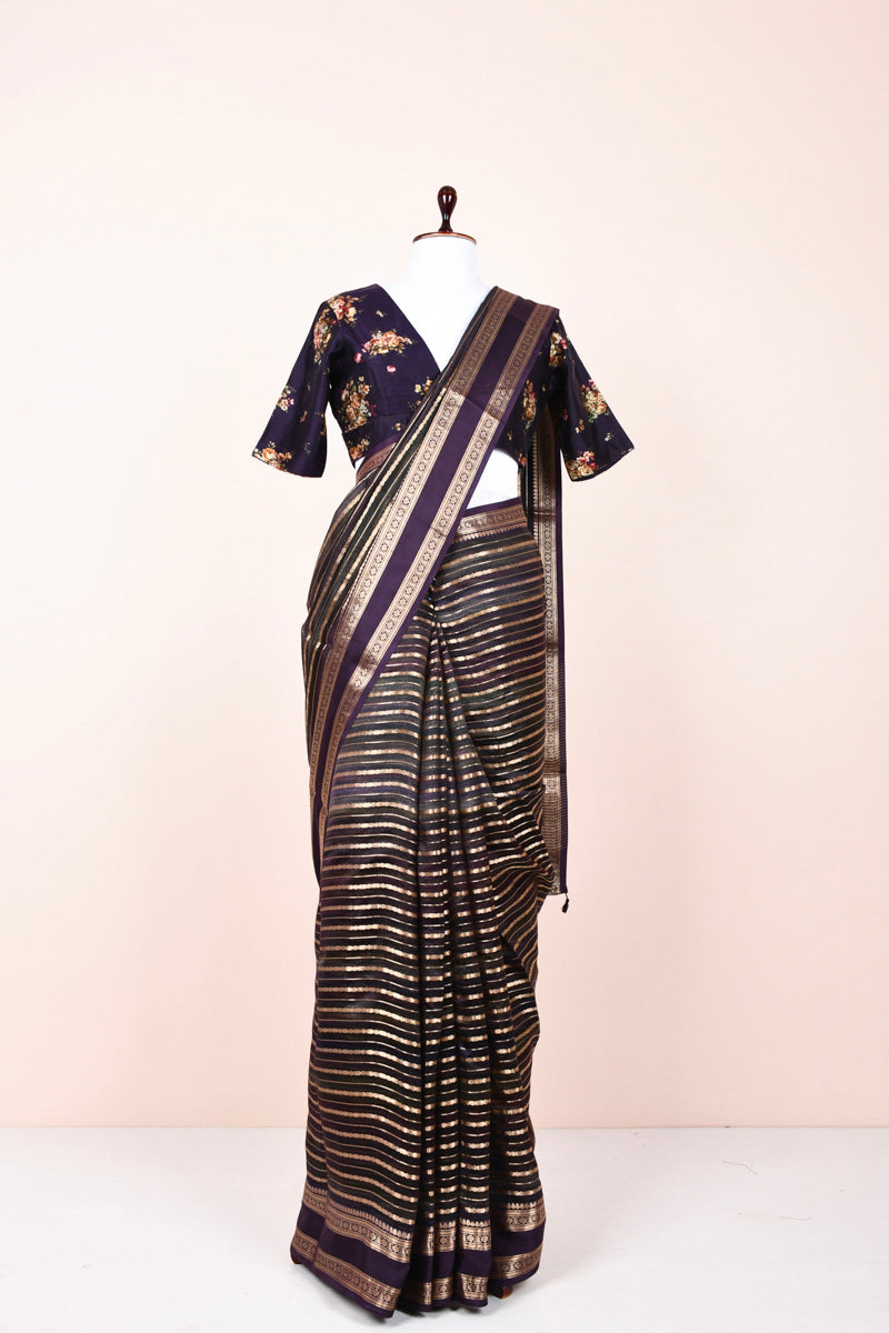 Dark Purple Striped Handwoven Chiniya Silk Saree By Chinaya Banaras 
