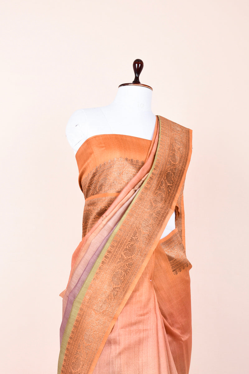 Dusty Peach Shaded Handwoven Tussar Silk Saree