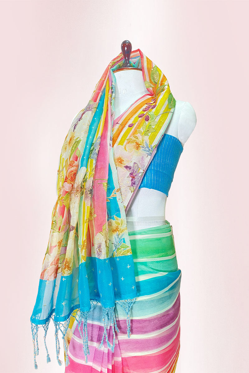 Multicolored Embellished Organza Silk Saree - Chinaya Banaras