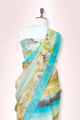 Aqua Blue Embellished Organza Silk Saree by chinaya banaras