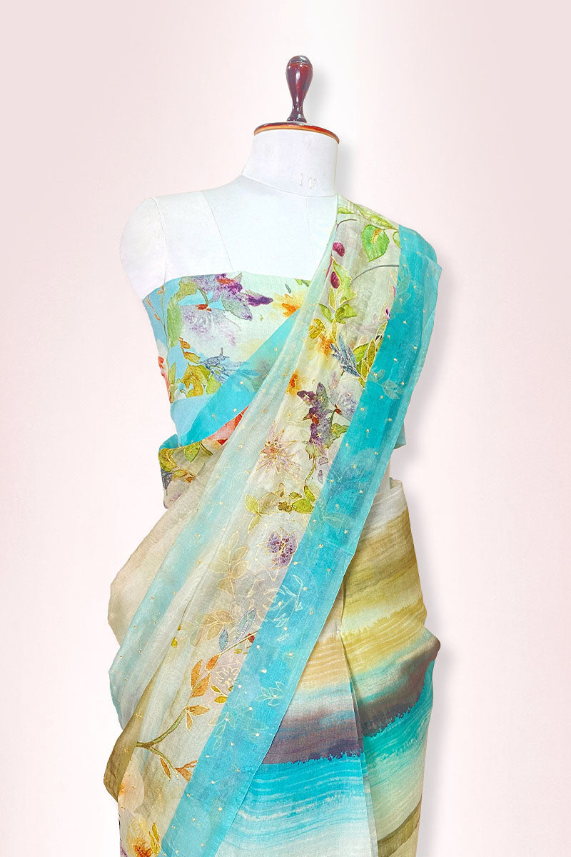 Aqua Blue Embellished Organza Silk Saree by chinaya banaras