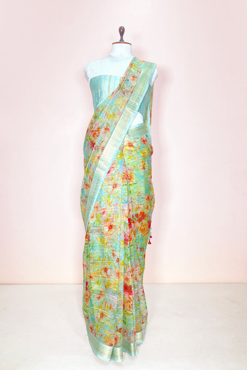 Sky Blue Floral Digital Printed Organza Silk Saree by chinaya banaras