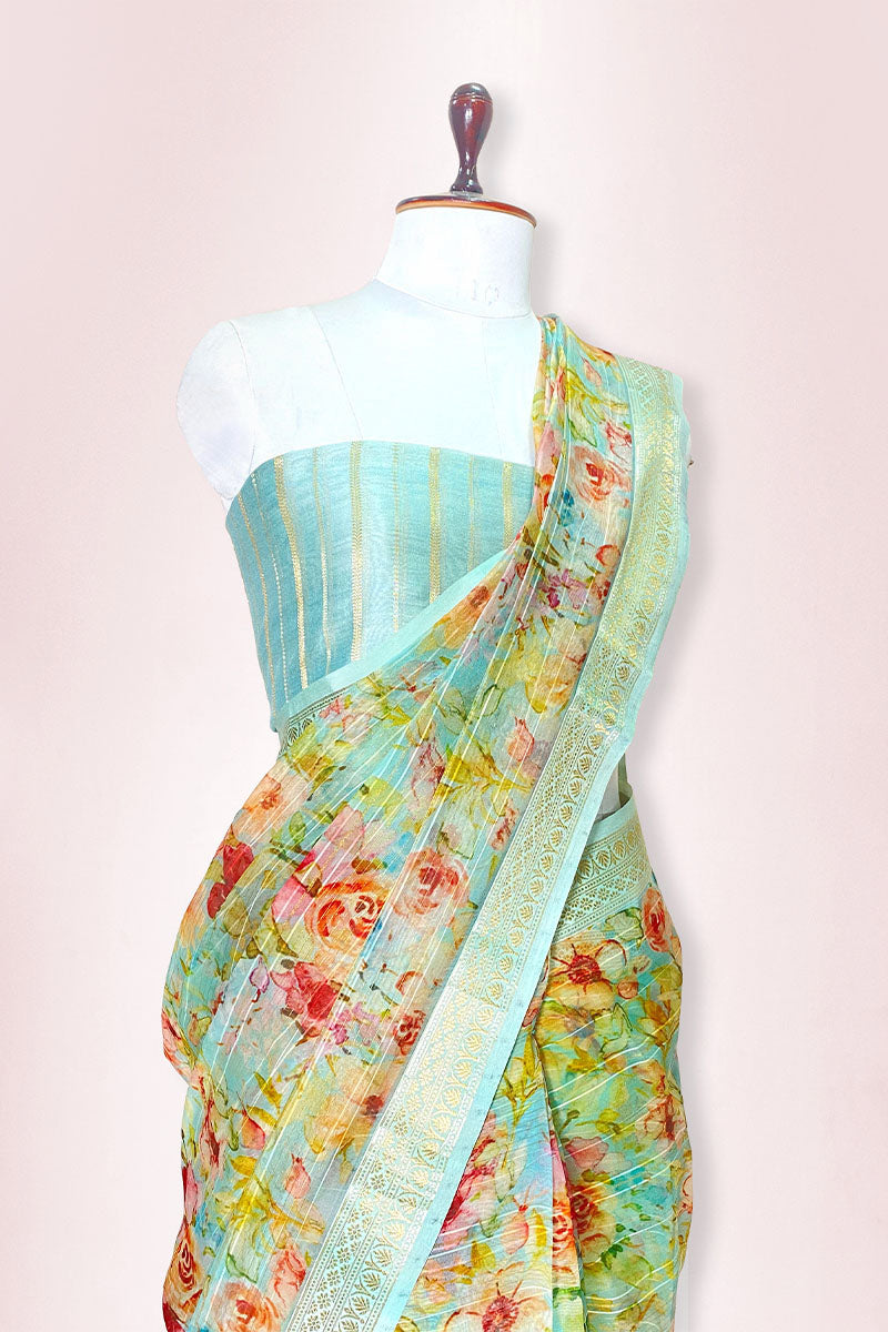Sky Blue Floral Digital Printed Organza Silk Saree