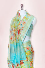 Sky Blue Floral Digital Printed Organza Silk Saree