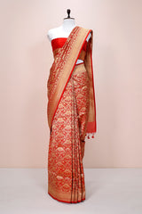 Candy Red Jaal Woven Casual Silk Saree By Chinaya Banaras