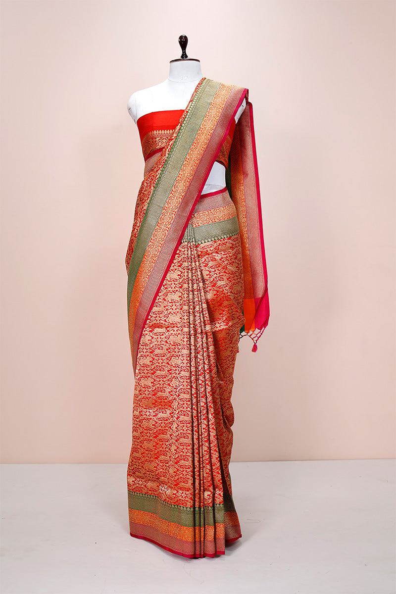 Gladiola Red Shikargah Woven Casual Silk Saree By Chinaya Banaras 