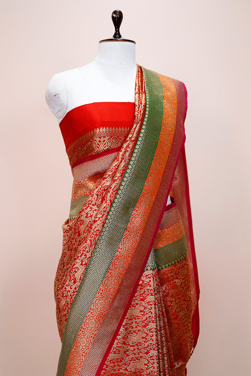 Gladiola Red Shikargah  Woven Casual Silk Saree