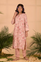 Blush Pink Floral Jaal Printed Cotton Kurta Set