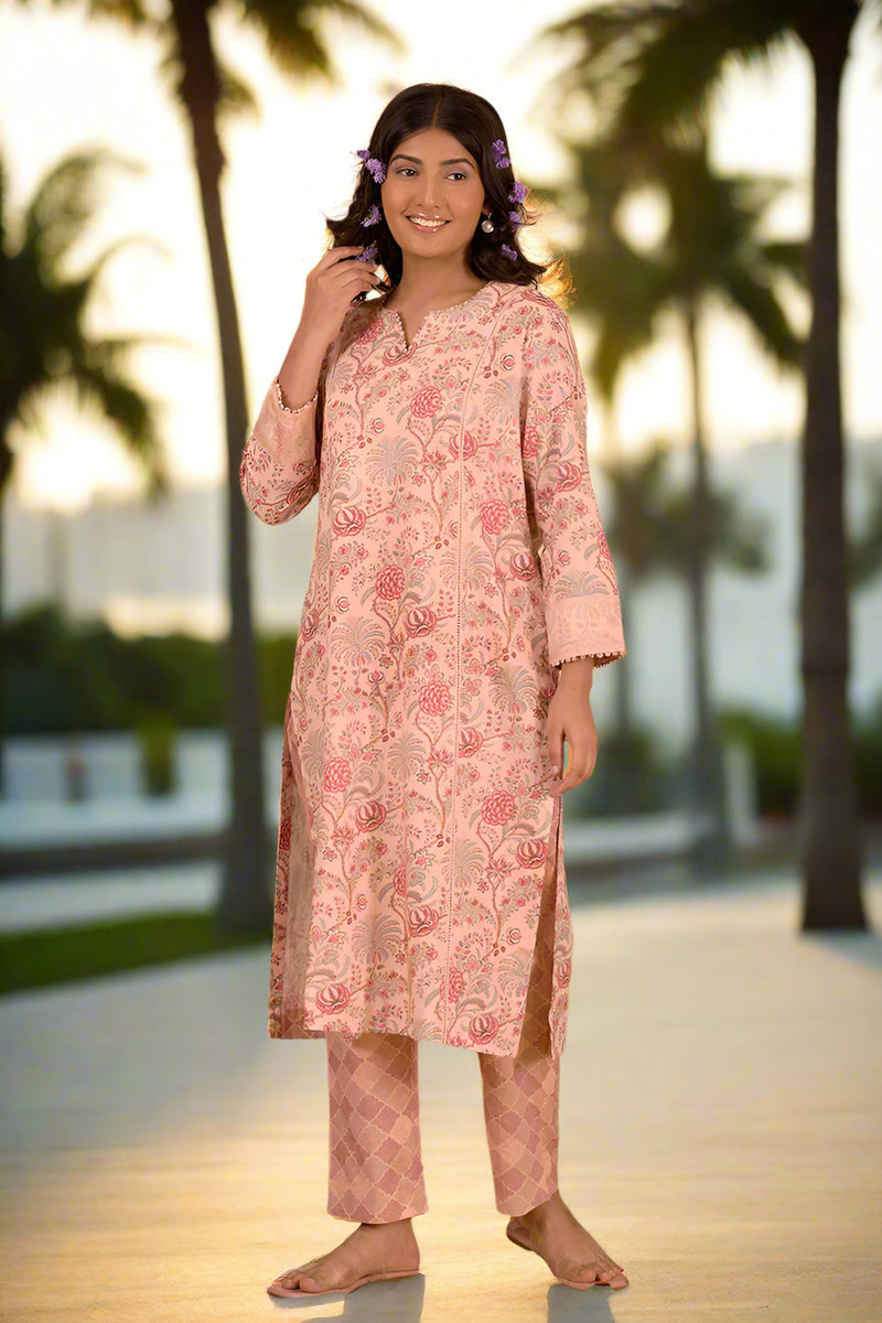 Blush Pink Floral Jaal Printed Cotton Kurta Set - Chinaya Banaras