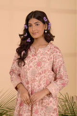 Blush Pink Floral Jaal Printed Cotton Kurta Set - Chinaya Banaras