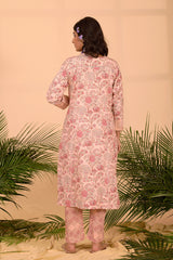 Blush Pink Floral Jaal Printed Cotton Kurta Set - Chinaya Banaras