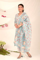 Baby Blue Pichwai Printed Linen Suit Set - Chinaya Banaras