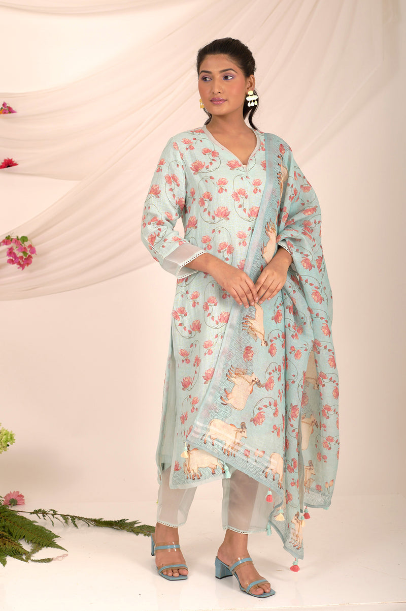 Baby Blue Pichwai Printed Linen Suit Set - Chinaya Banaras