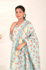 Baby Blue Pichwai Printed Linen Suit Set - Chinaya Banaras