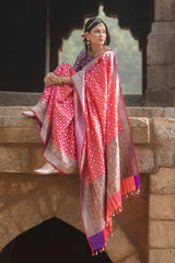 Indian Women Draped Beautifully Cerise Pink Handwoven Banarasi  Silk Saree by Chinaya Banaras 