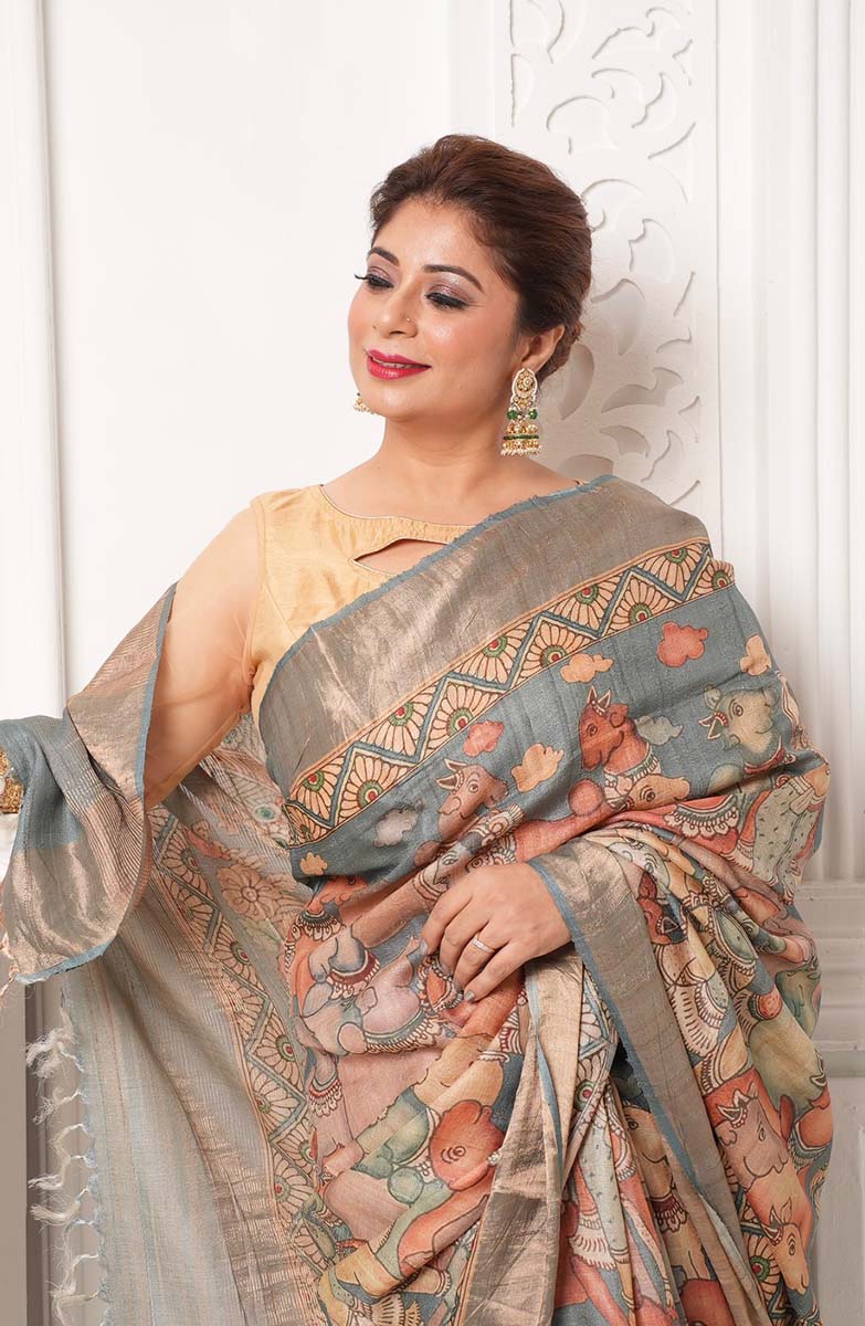 Malini Kapoor In Steel Blue Pichwai Printed Tussar Silk Saree - Chinaya Banaras