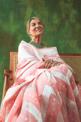 French Pink Rangkat  Zig Zag Woven Banarasi Organza Silk Saree