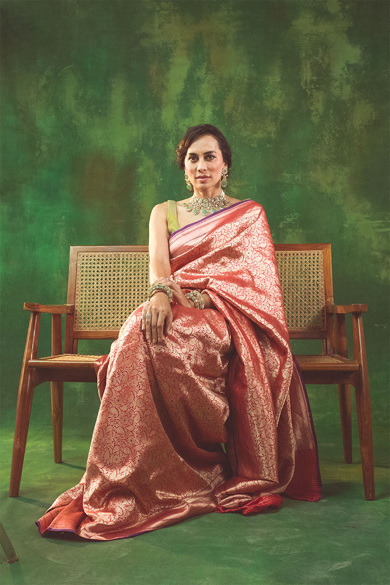 Red Handwoven Brocade Banarasi Silk Saree By Chinaya Banaras 