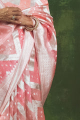 French Pink Rangkat  Zig Zag Woven Banarasi Organza Silk Saree