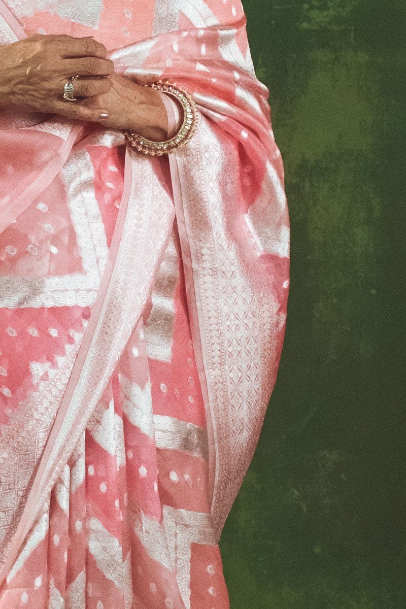 French Pink Rangkat  Zig Zag Woven Banarasi Organza Silk Saree