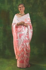 French Pink Rangkat  Zig Zag Woven Banarasi Organza Silk Saree