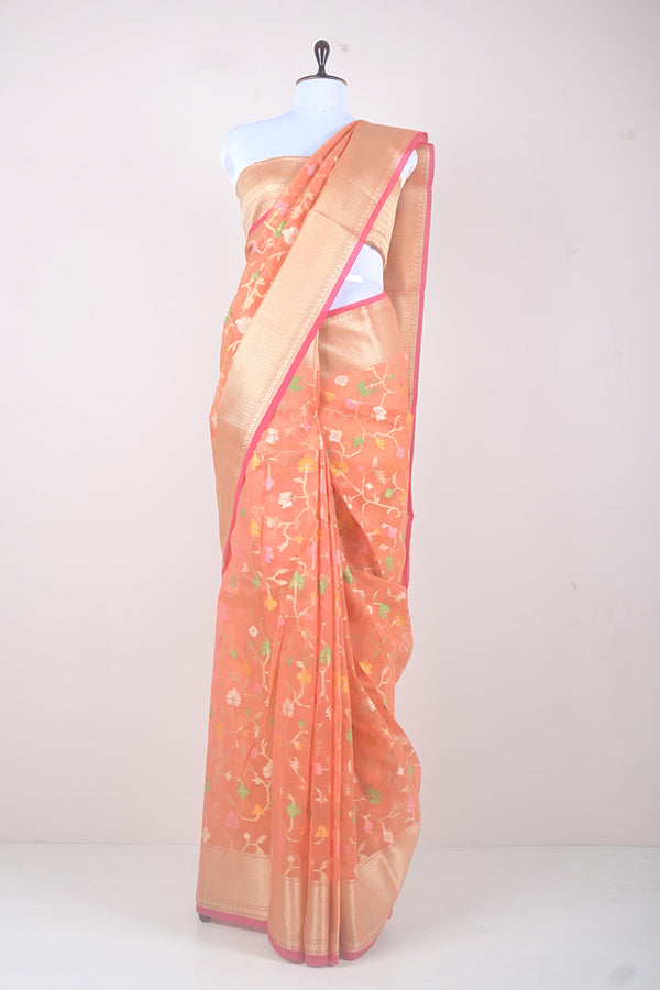 Coral Peach Floral Woven Banarasi Cotton Saree By Chinaya Banaras