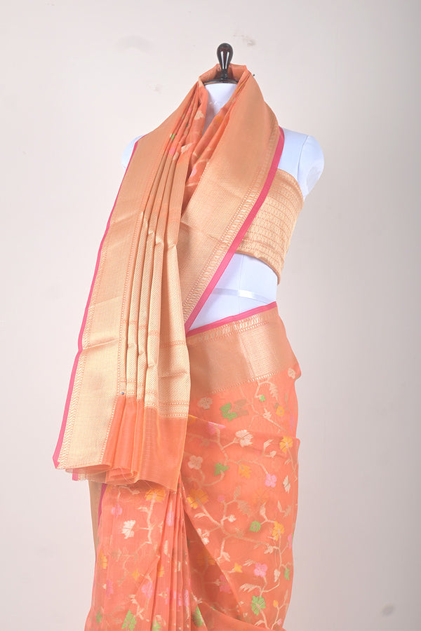 Coral Peach Floral Woven Banarasi Cotton Saree