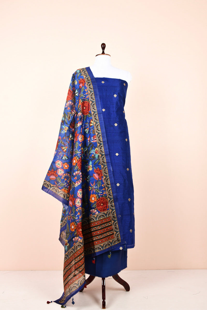 Navy Blue Handwoven Raw Silk Dress Material By Chinaya Banaras 