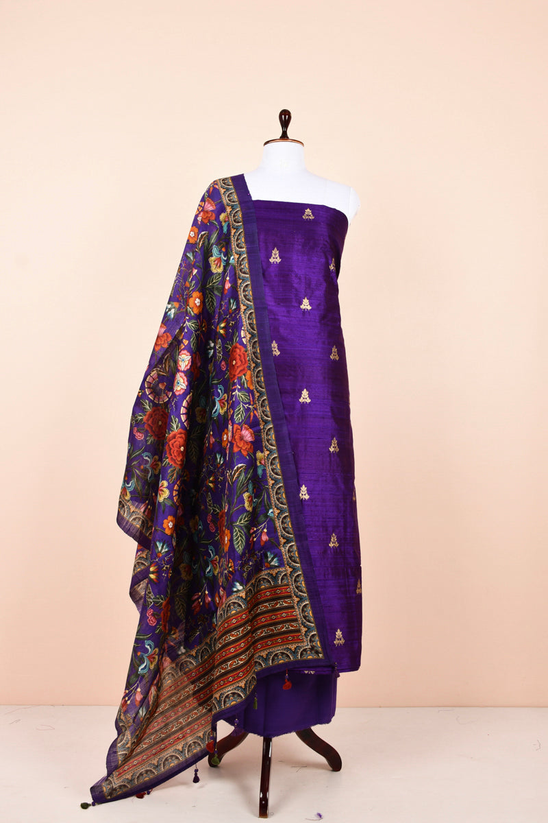 Violet Handwoven Raw Silk Dress Material  By Chinaya Banaras  