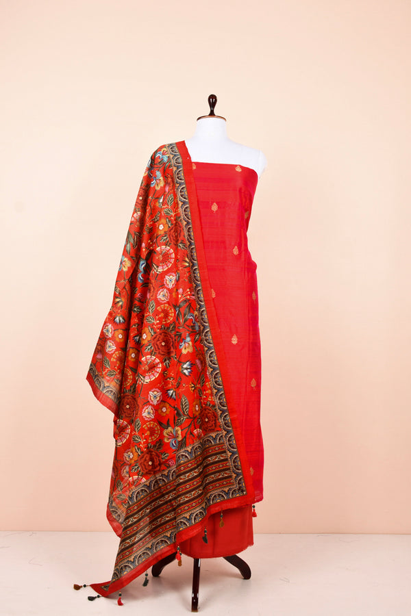 Scarlet Red Handwoven Raw Silk Dress Material  By Chinaya Banaras 