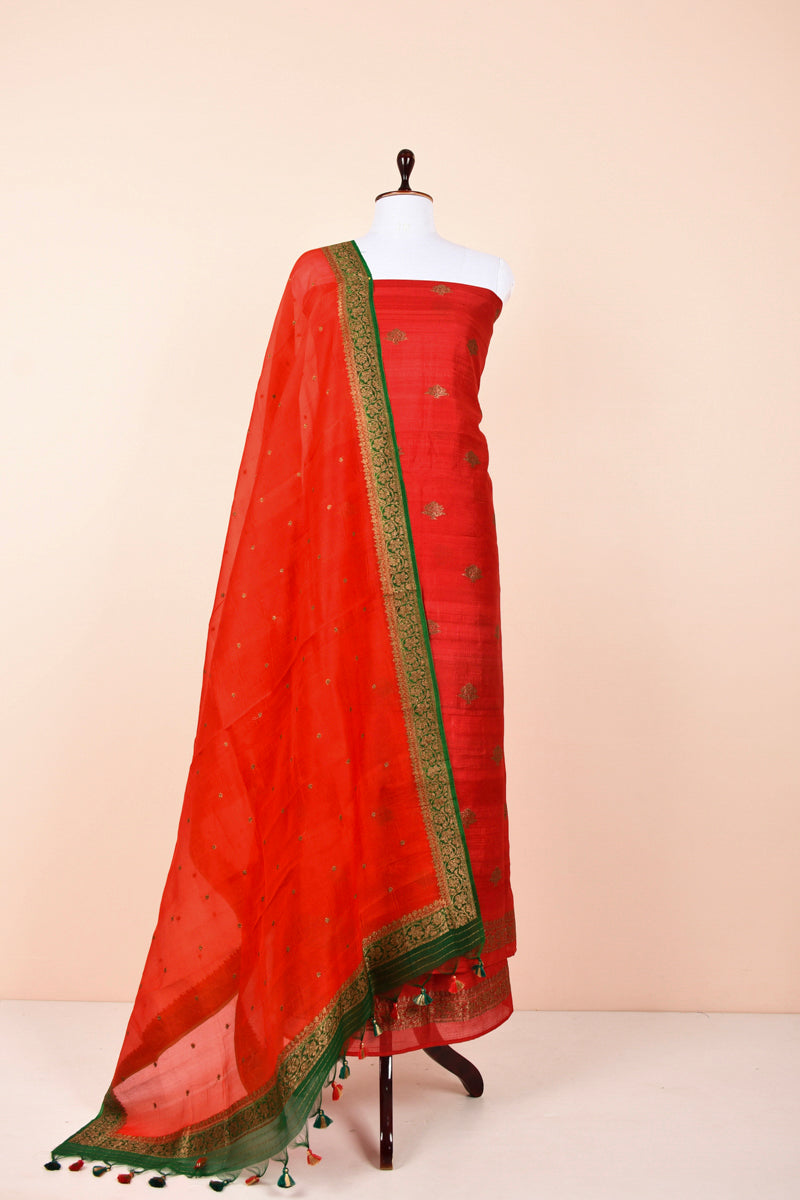 Vermillion Red Handwoven Tussar Silk Dress Material By Chinaya Banaras 