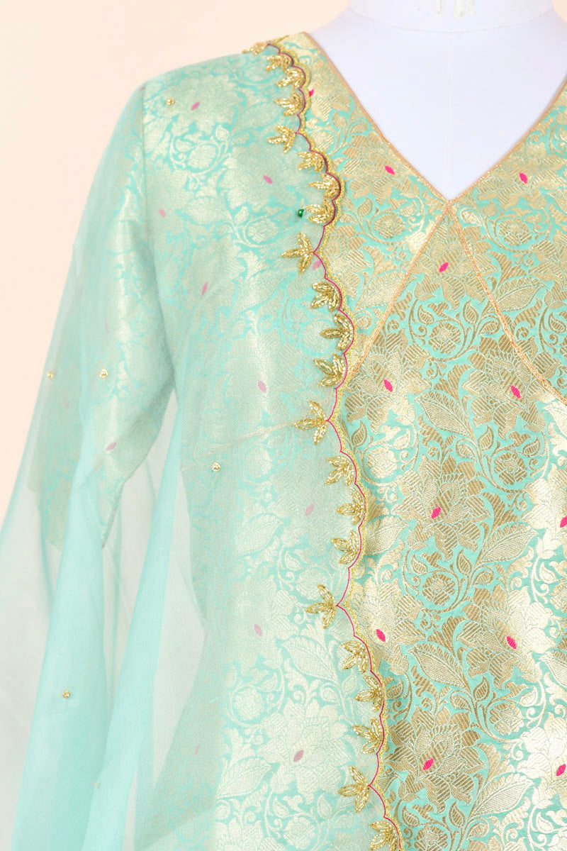 Turquoise Blue Handwoven  Banarasi Silk Suit Set
