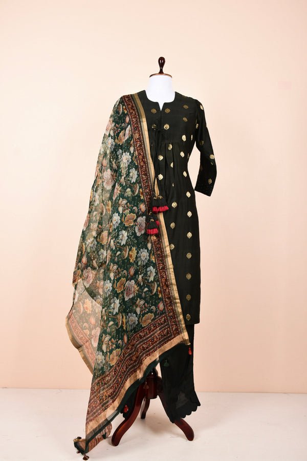 Deep Green Handwoven Chanderi Silk Suit Set  By Chinaya Banaras