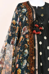 Dark Navy Blue  Woven Chanderi Silk Suit Set