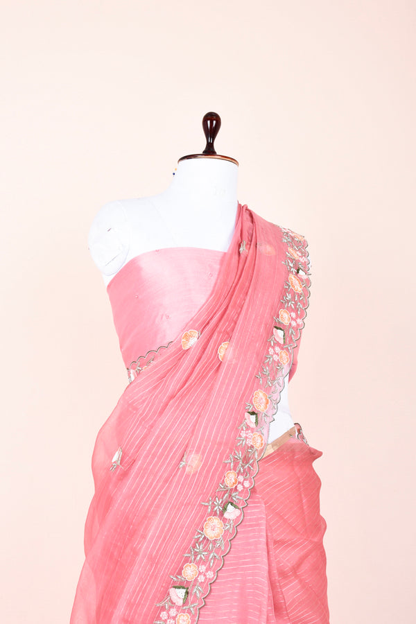 Thulian Pink Embroidered Organza Silk Saree