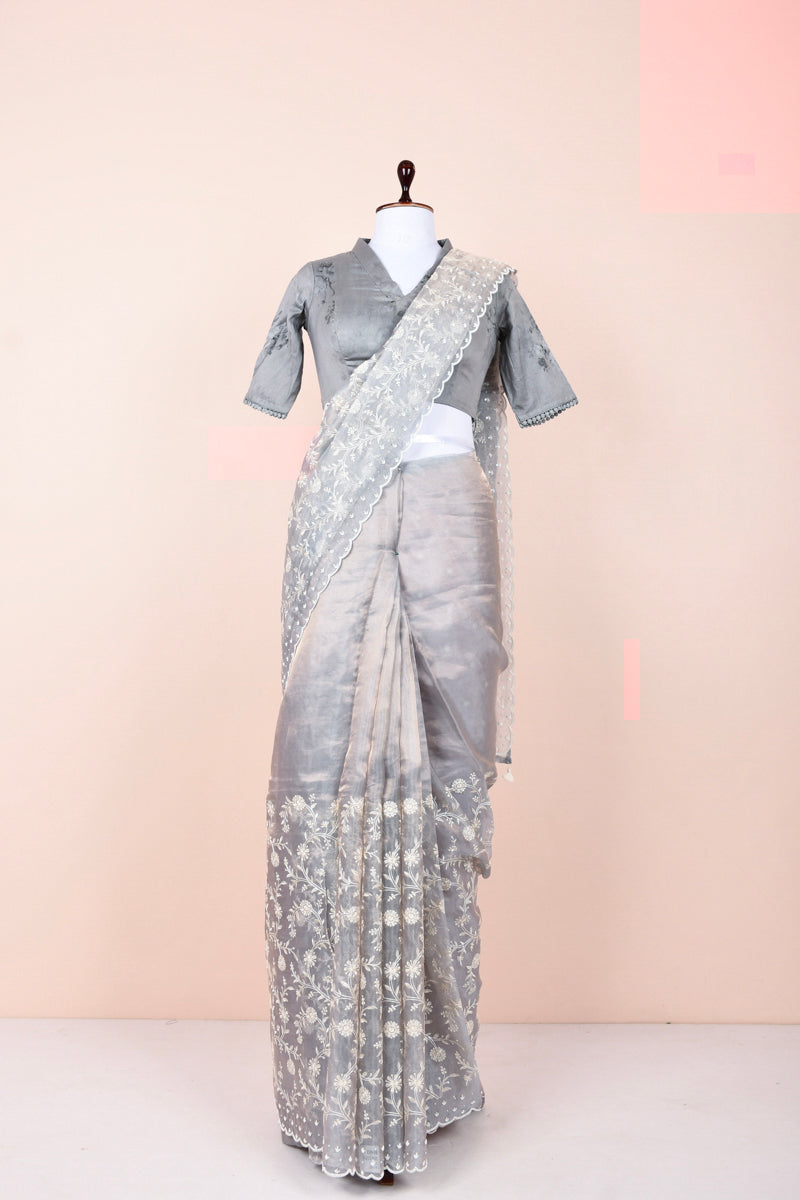 Slate Grey Embellished Tissue Silk Saree  By Chinaya Banaras 
