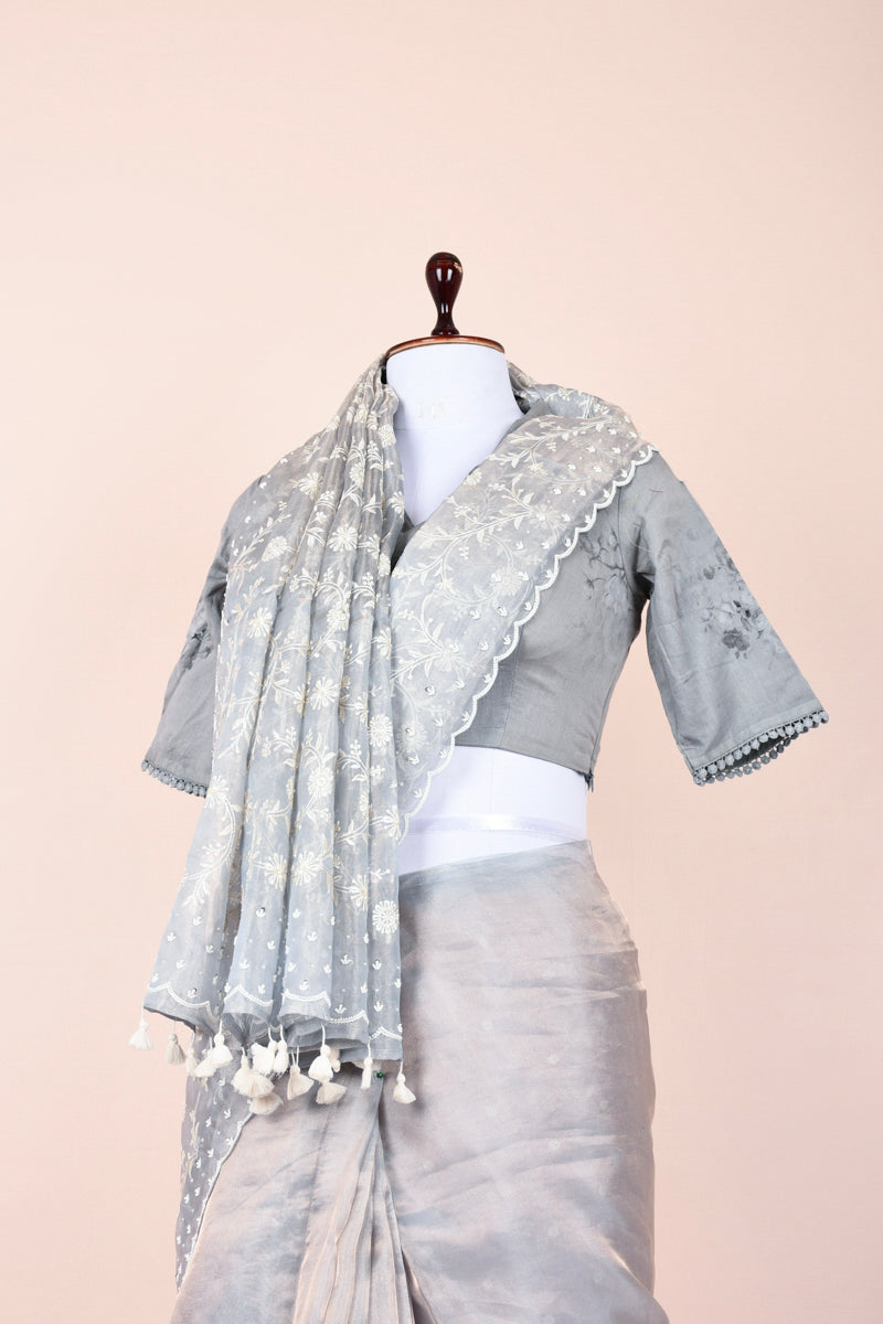 Slate Grey Embellished Tissue Silk Saree