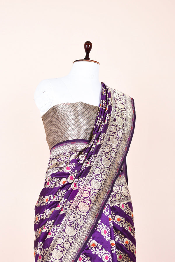 Indigo Striped Handwoven Banarasi Silk Saree
